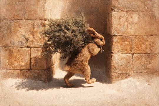 A rabbit carries a large bunch of dry branches near a stone wall.