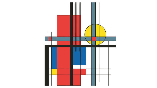 Geometric abstract composition with red blue yellow gray and black shapes