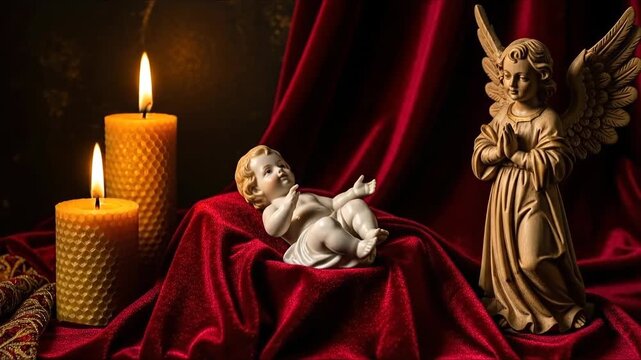 Baby jesus figurine with angel and glowing candlelight on red velvet for Christmas religious display.