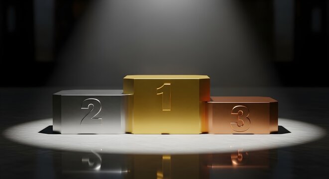 Three metallic podium blocks in silver gold and bronze colors with numbers 2 1 and 3 respectively illuminated by spotlight on dark background perfect for competition and achievement