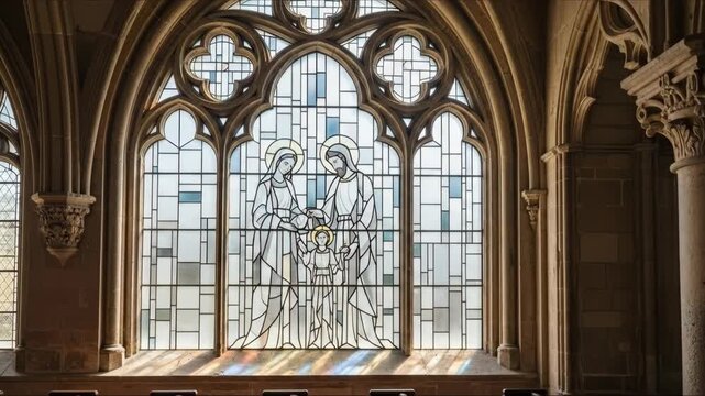 Stained glass window showing holy family in gothic church, light rays shining on catholic religious art