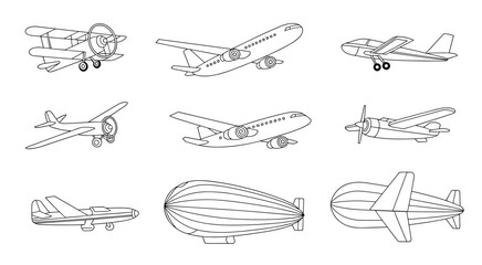 Collection of black and white line of various aircraft and airships airplane biplane propeller plane © MadhobiRani