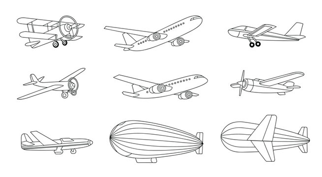Collection of black and white line of various aircraft and airships airplane biplane propeller plane