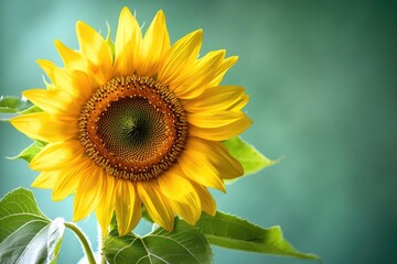 Obraz premium A bright yellow sunflower with green leaves against a blue background, suitable for nature or garden-themed designs