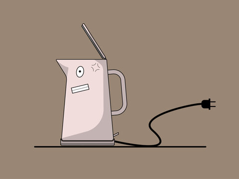 Funny flat vector illustration of a frightened electric kettle character with an open lid and unplugged power cord. Comic style domestic appliance mascot representing shock or failure.