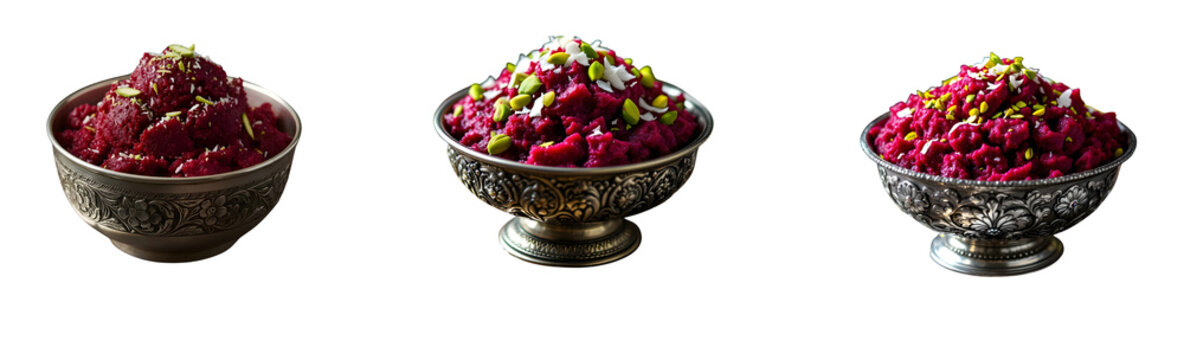 A close-up, eye-level shot captures a bowl of beet halwa