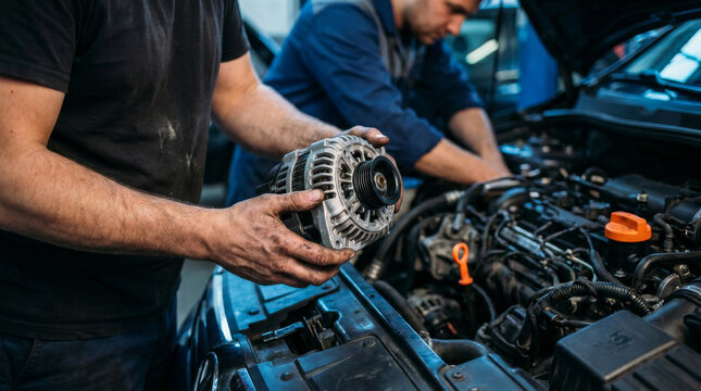 Professional car alternator replacement in auto repair shop, mechanic holding vehicle generator part, automotive engine maintenance and service