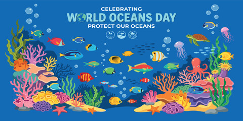 Celebrating World Oceans Day banner featuring a vibrant coral reef with tropical fish octopus sea turtle and jellyfish to protect our blue planet and marine life. © MST HASMOTARA