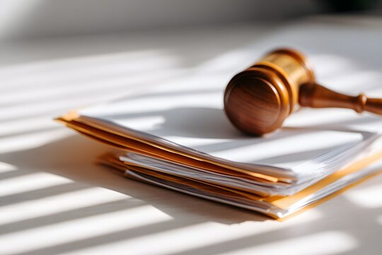 A stack of manila folders contains legal documents with a gavel on top