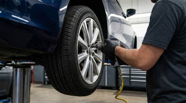 Professional mechanic changing car tire in auto repair shop, automotive technician using pneumatic impact wrench on vehicle wheel, garage maintenance service