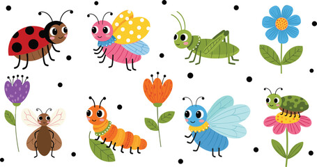 Insect and Flower Icons Set Featuring Ladybugs, Butterflies, Grasshoppers, and Caterpillars for Websites, Apps, Labels, and Digital Media Designs. © Firoz