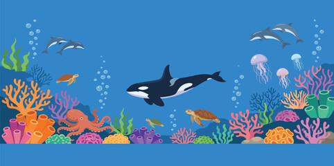Majestic orca whale swimming in a vibrant coral reef alongside octopus sea turtles dolphins and jellyfish for marine biology and ocean conservation design projects. © MST HASMOTARA