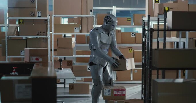 Robotic silver employee working on workshop stillage service room, collecting and carrying heavy delivery boxes to post office department.