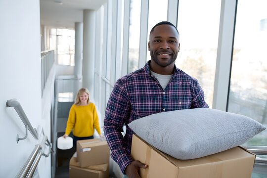 Father looks back while carrying a box up the steps of a dormitory