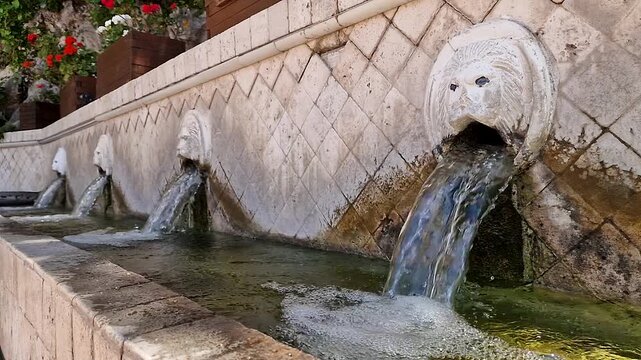 Slow motion of Venetian lion head fountains row in Spili, Crete. Scenic view of ancient stone lions with flowing spring water. Historic landmark in Rethymno, Greece. HD 1080p cinematic video.