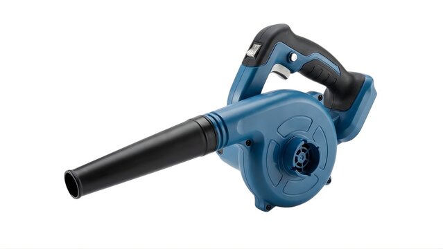 A blue and black electric leaf blower on transparent background