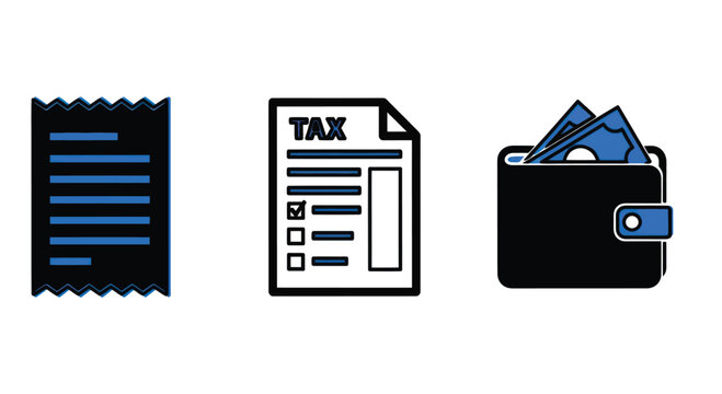 Mix of tax document, receipt, and wallet with money icons for finance concepts