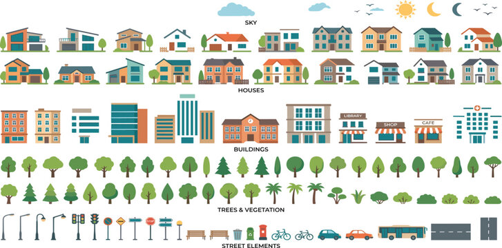 Urban landscape design kit featuring flat vector houses, office buildings, trees, street elements, cars, and sky icons for city map creation and architectural planning.