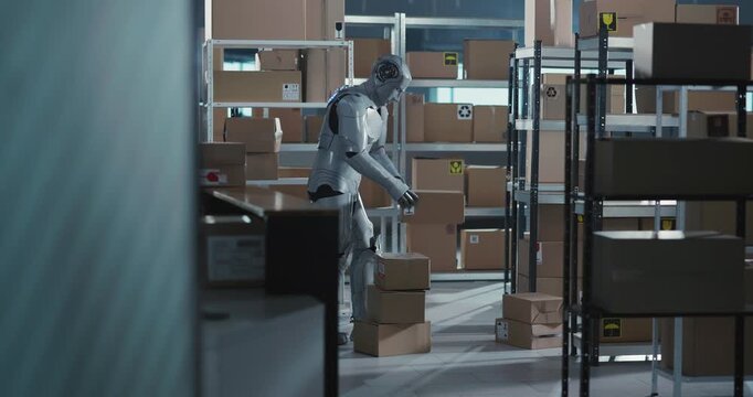 Cybernetic future robot worker carrying parcel delivery carton boxes inside delivering workshop postoffice department room stillage. Failure concept.
