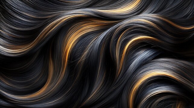 Flowing strands of black and golden hair with shiny, silky texture