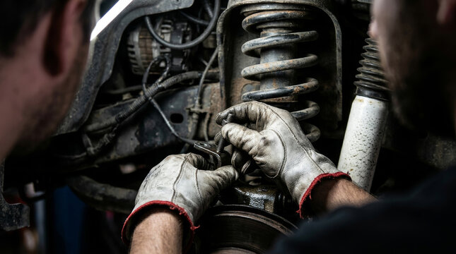 Professional mechanic hands in gloves repairing car suspension, automotive technician working on vehicle shock absorber and coil spring in garage