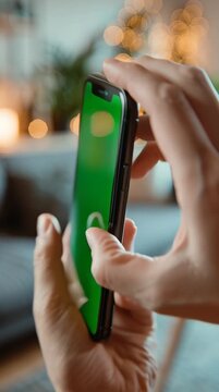 POV shot showing only hands holding a modern iPhone, screen facing viewer with bright green chroma key, smooth push-in motion, cinematic human perspective, static camera.