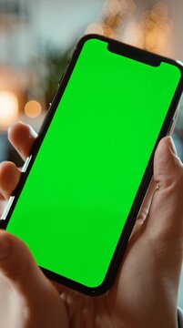 POV shot showing only hands holding a modern iPhone, screen facing viewer with bright green chroma key, smooth push-in motion, cinematic human perspective, static camera.
