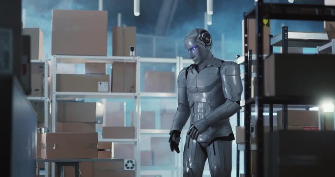 Futuristic silver robot with blue eyes carrying postal delivery carton boxes alone in department storage stillage rack room. Artificial intelligence. Future concept.