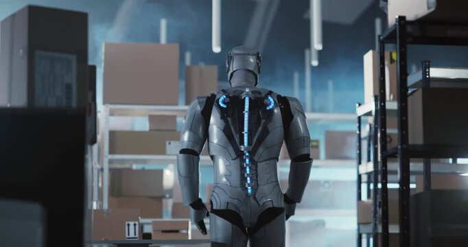 Fantastic silver robotic worker smart AI assistant working inside workshop service storage room carrying heavy delivery boxes working for post office.