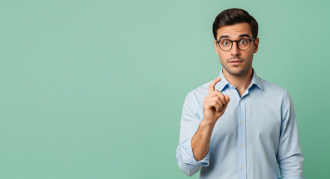 young man wearing glasses pointing finger up against pastel green background business casual light blue shirt thoughtful expression