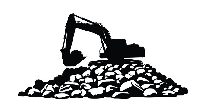 Excavator with pile of rocks and stones black and white graphic silhouette high quality professional detailed modern elegant stylish clean crisp vibrant colorful