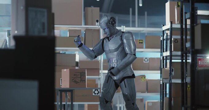 Operative future cybernetic silver robot carrying delivery boxes and sorting parcels inside delivering department storage rackroom of post office.