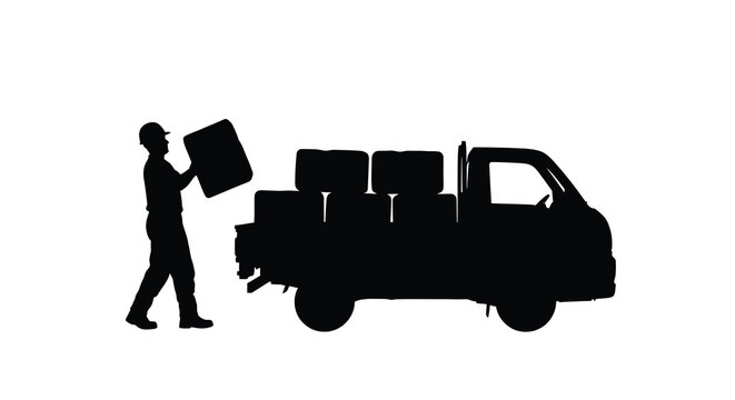 silhouette of a mover carrying boxes next to a van on a white background silhouette high quality professional detailed modern elegant stylish clean