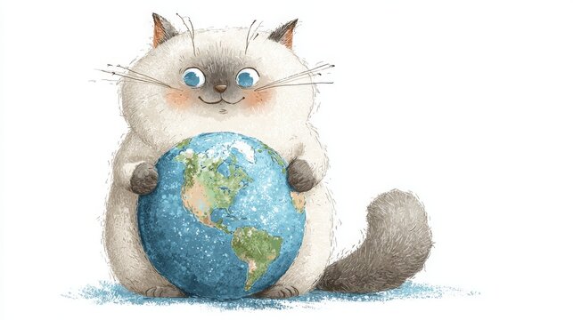 International cat day cute cat with Earth globe illustration.