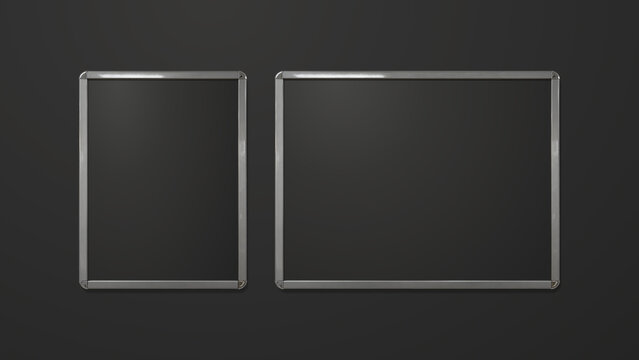 Two blank framed poster mockups on black wall, 4x3 and 3x4. Drawing boards. Snap frame.