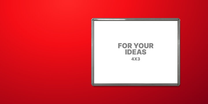 Blank 4x3 horizontal poster in a snap frame on a bright red background, advertising frame, drawing board