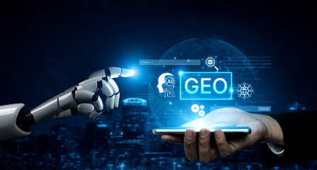 Obraz premium Digital marketing concept featuring GEO strategy. Generative AI search visual shows GEO interface integrating intelligence, logic, and AI input system for prompt tasks. Corpus