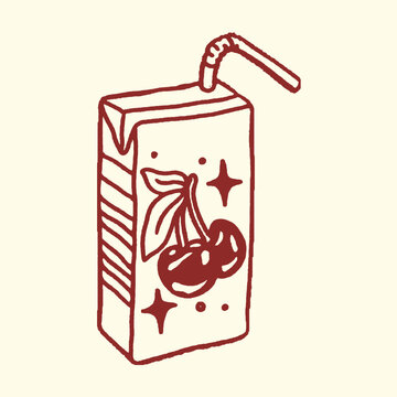 Cherry juice box with straw and cherries beverage packaging container refreshing children breakfast drinkware refreshment delicious quenching childhood nostalgia illustration minimalist