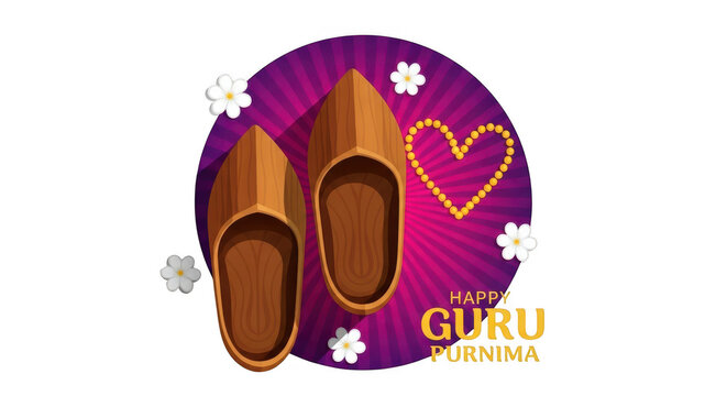 Traditional Indian Jutti shoes on a purple circle with Guru Purnima text and flowers, isolated on transparent background