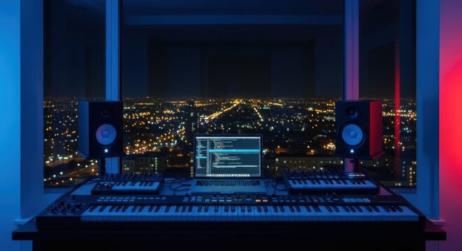Modern Music Studio Setup with City Lights View at Night