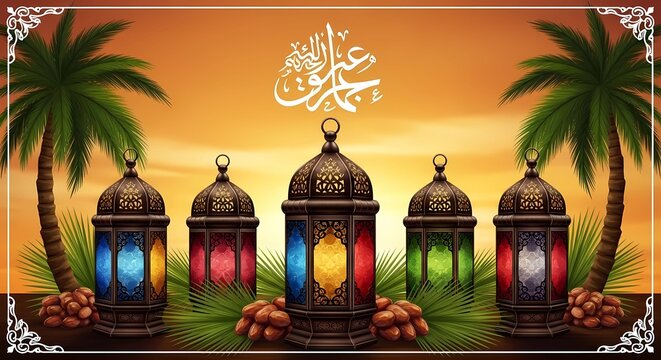 Realistic background muharram islamic new year celebration, suitable for greeting card, banner,est