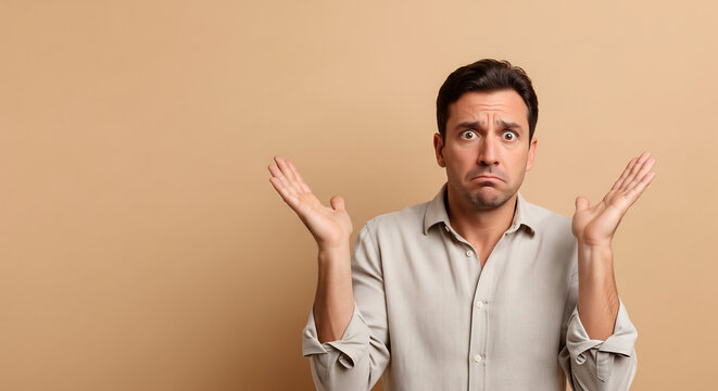 A man in a studio flat makes a questioning gesture with his hands.