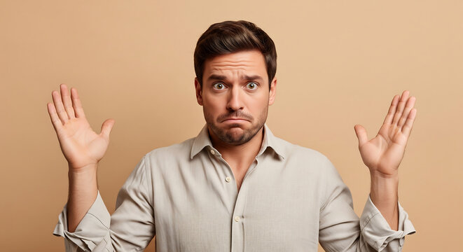 A man in a studio flat makes a concerned gesture with his hands.