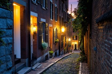 Fototapeta premium Cobblestone Street With Old Homes Lit by Lamps at Dusk in a Historic Area