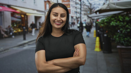 Fototapeta premium Young hispanic woman with crossed arms showing forearms and smiling on a busy city street cafe setting; confidence empowerment.