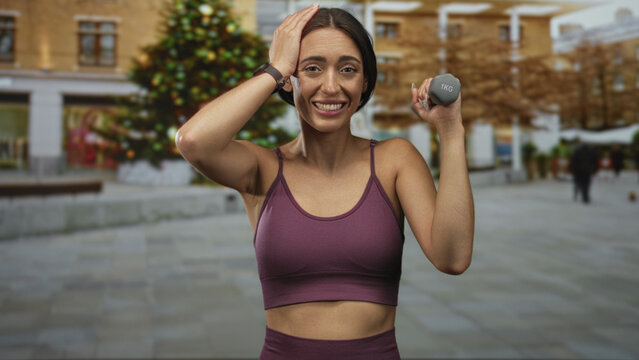 Woman holding 1kg dumbbell and smiling with exposed midriff on a city street near a decorated tree; joy.