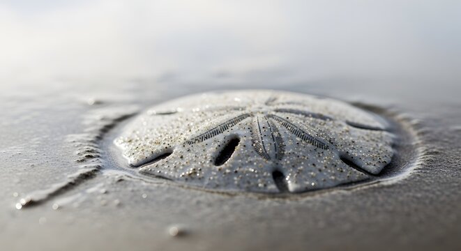 A delicate sand dollar rests gently half-buried in the moist beach sand.