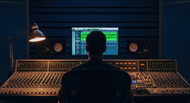 Music Producer In Dark Studio Mixing Audio On Console And Computer Screen