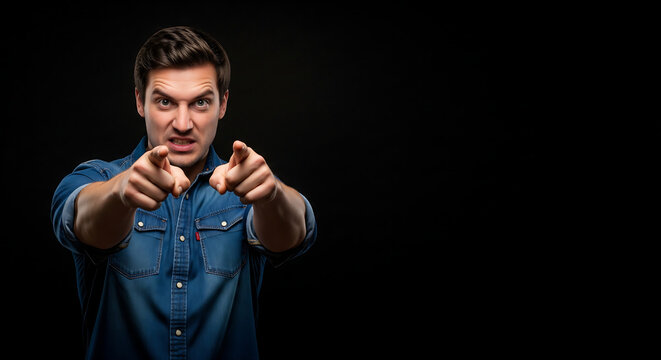 A man in a blue shirt makes a gesture in a studio flat