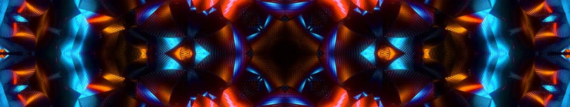 Neon Abstract Symmetry with Blue and Orange Light Shapes Futuristic Digital Background Seamless Widescreen Loop Panorama